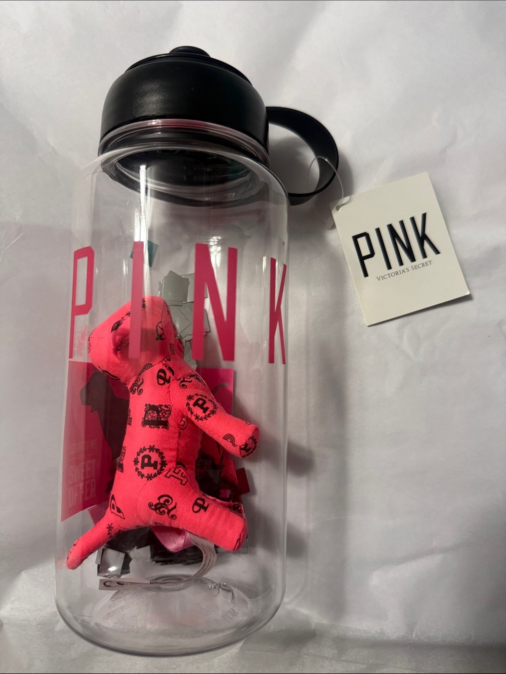 PINK 32oz. Clear Water Bottle w/ Pink PINK Letters (NWT) & Minidog